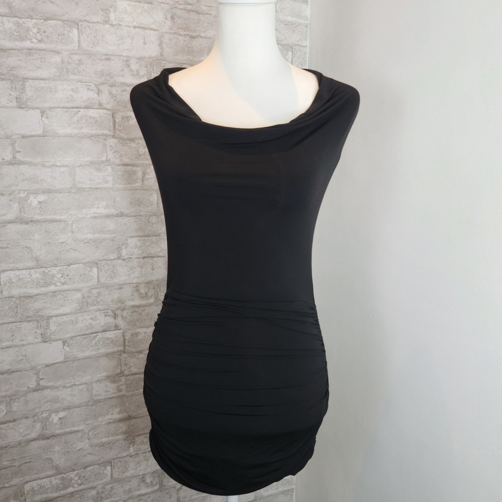 BCBG Max Azria Bodycon Dress Ruched Cowl Neck Y2K Moto Chic XS - Picture 2 of 5